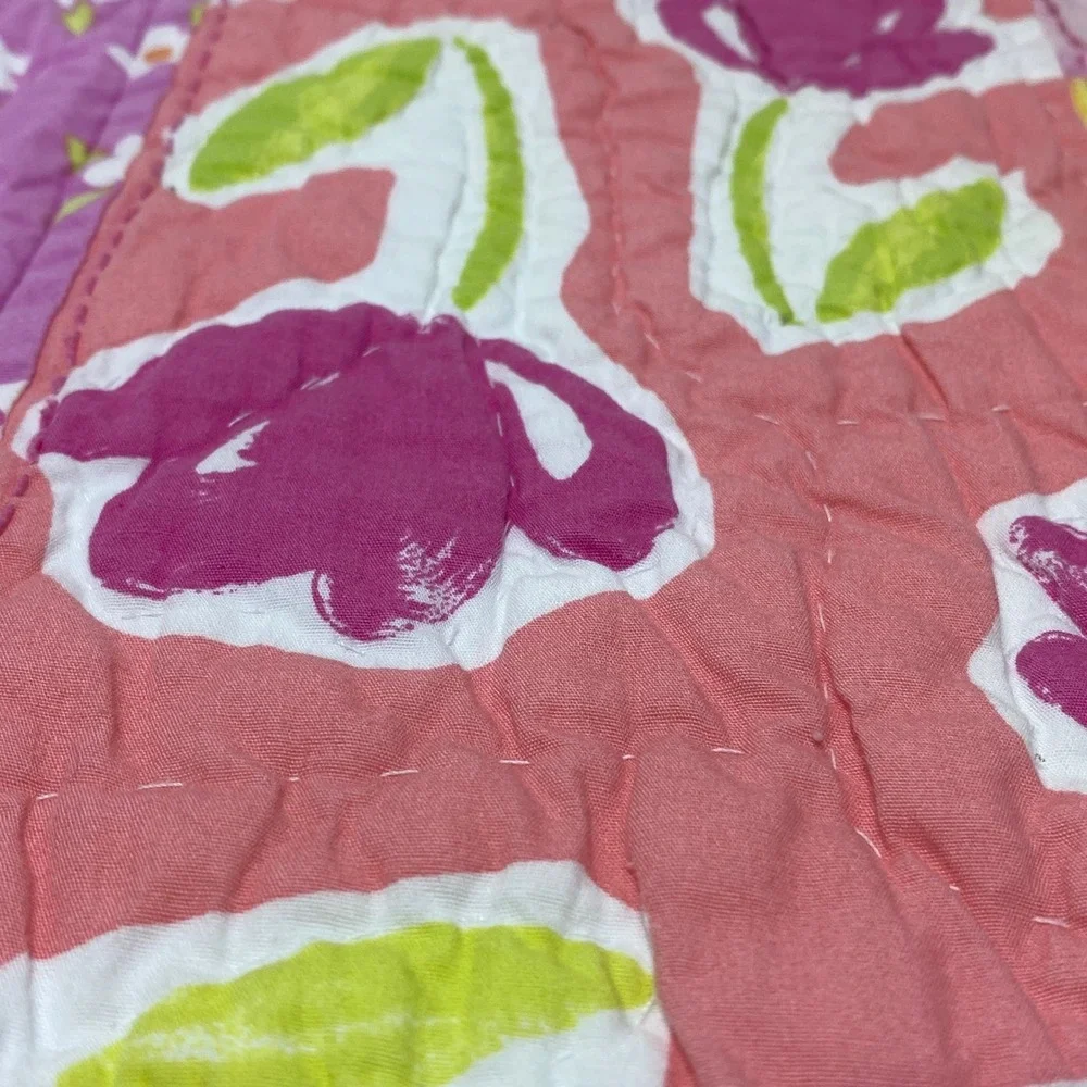 POTTERY BARN KIDS Quilted Hearts & Flowers Crib Blanket Floral Pink Yellow Green